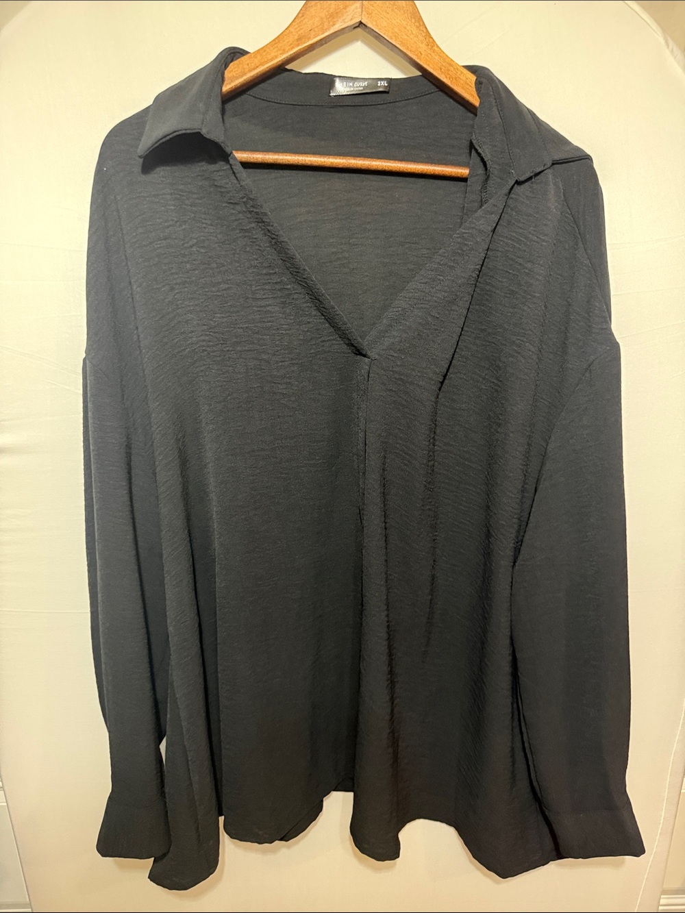 SHEIN Black V-Neck Collared Long Sleeve Top